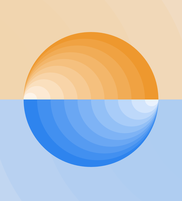 Abstract art of a semicircle with orange hues on top and blue hues on bottom, against a gradient beige to blue background